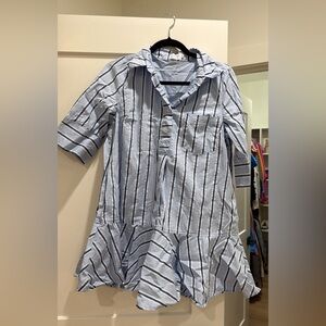 Striped Ruffle-Hem Shirt Dress in Light Blue